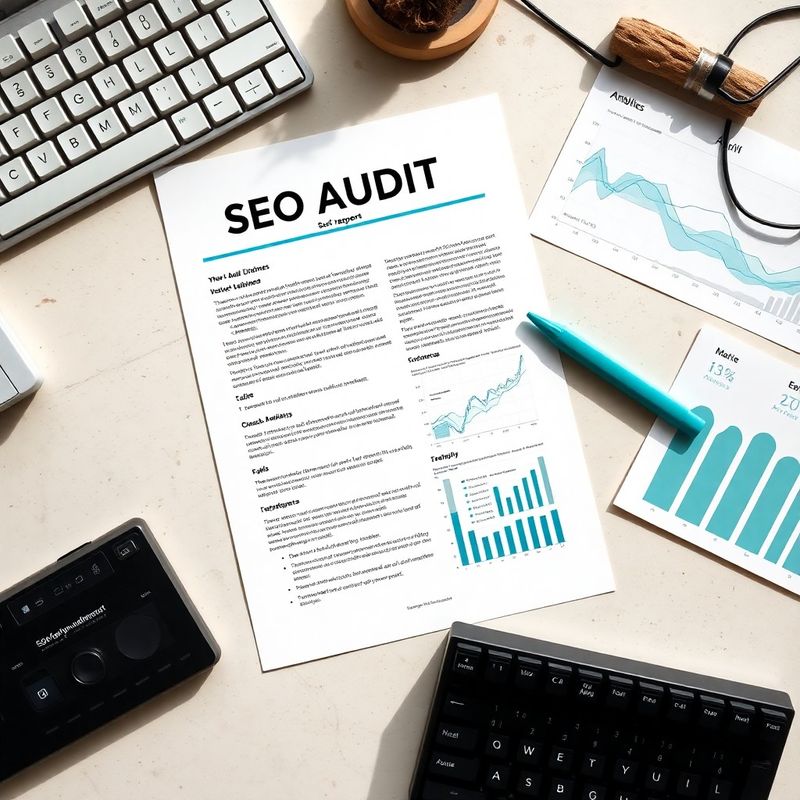 Tiskano poročilo SEO audita s teal poudarki in analitičnimi grafi